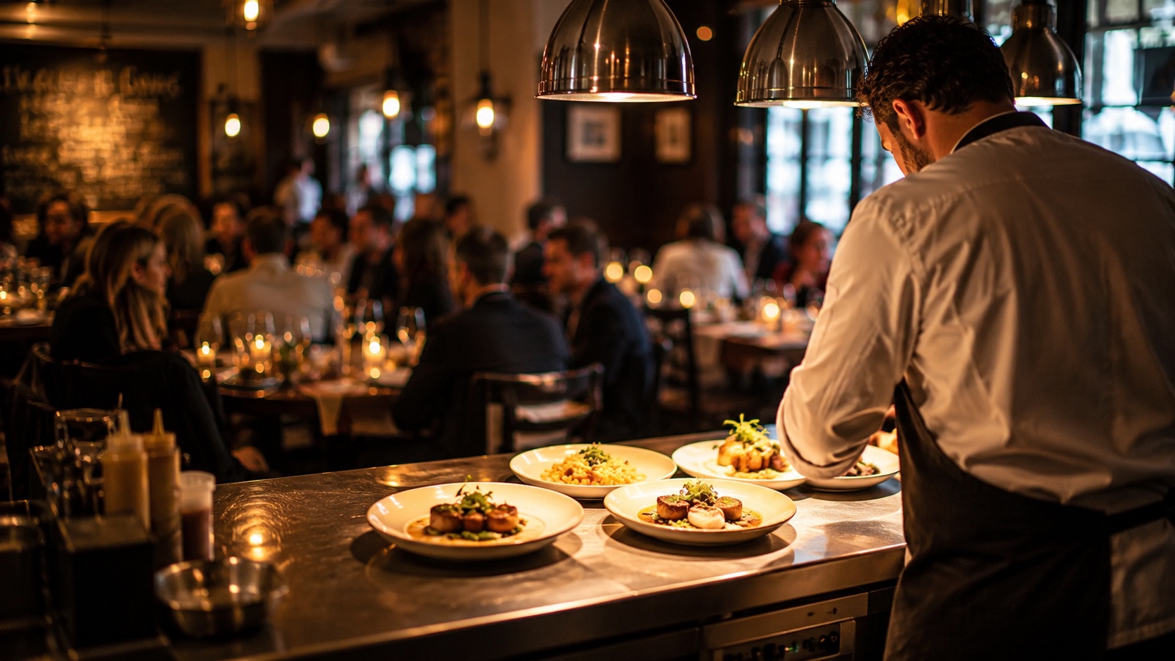 A chef plating dishes at the pass of a warm, candlelit dining room